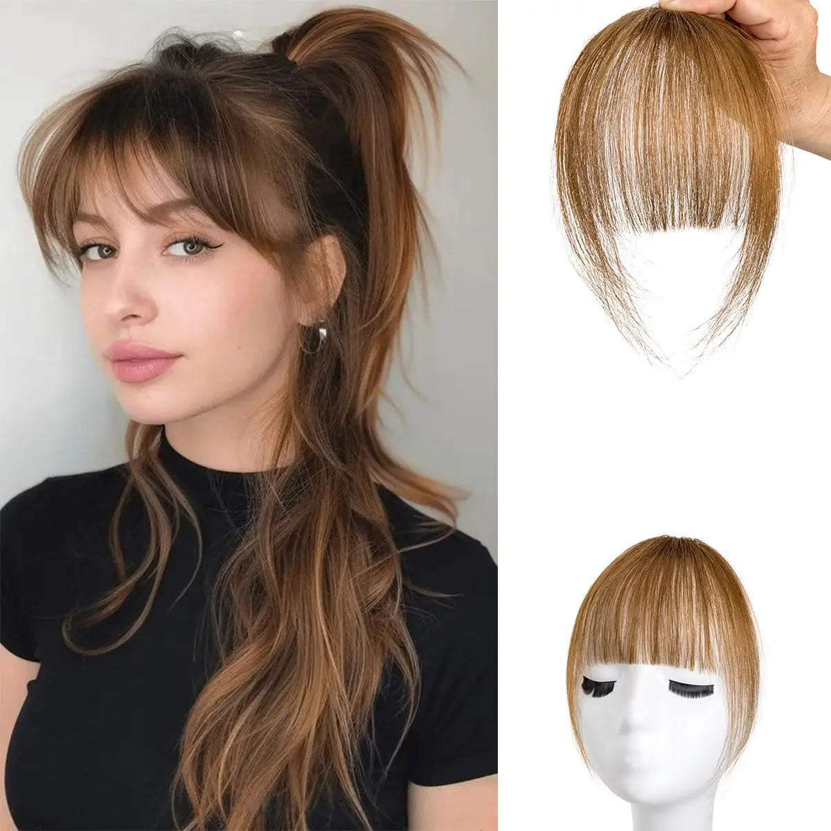 Wispy French Human Hair Bangs Clip on Light Air Bangs for Women Daily Use Black,Brown,Burg,Blond Color Bangs Hair Extensions