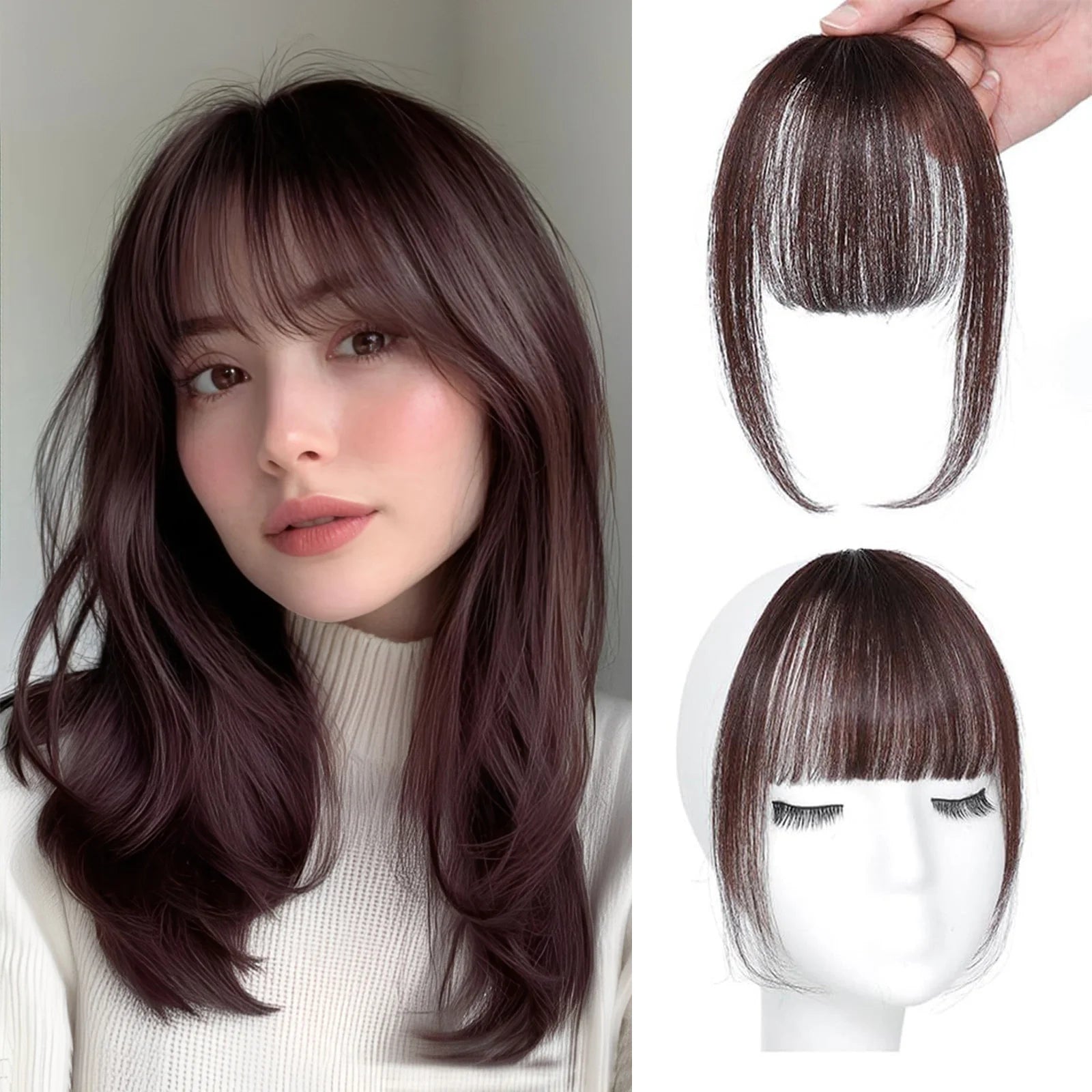 Wispy French Human Hair Bangs Clip on Light Air Bangs for Women Daily Use Black,Brown,Burg,Blond Color Bangs Hair Extensions