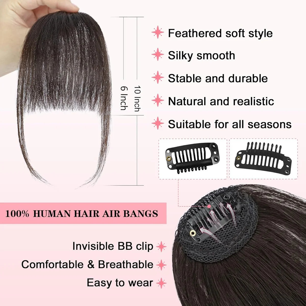 Wispy French Human Hair Bangs Clip on Light Air Bangs for Women Daily Use Black,Brown,Burg,Blond Color Bangs Hair Extensions
