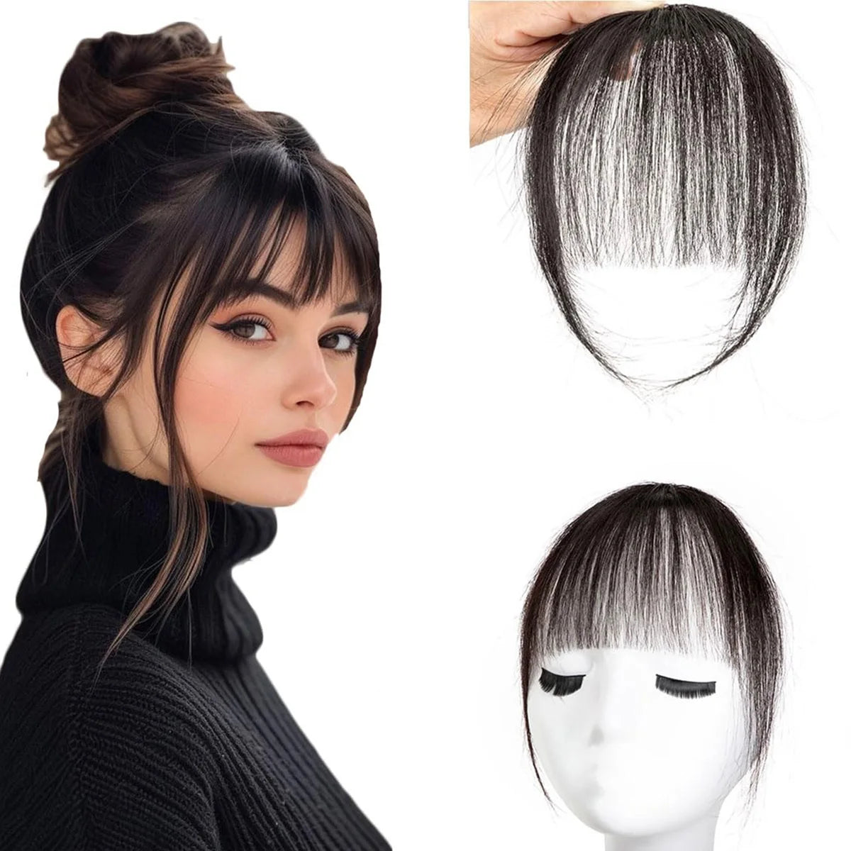 Wispy French Human Hair Bangs Clip on Light Air Bangs for Women Daily Use Black,Brown,Burg,Blond Color Bangs Hair Extensions