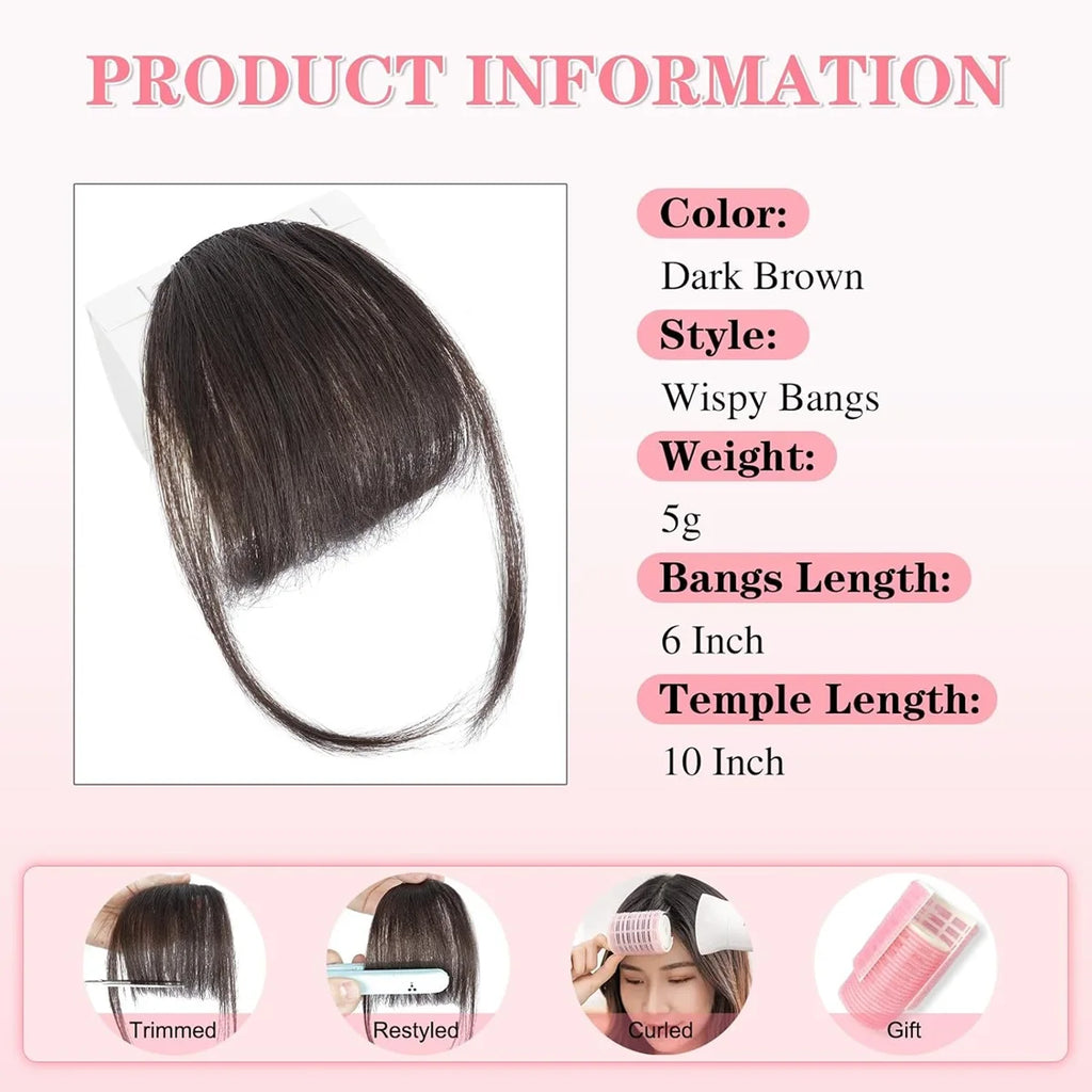 Wispy French Human Hair Bangs Clip on Light Air Bangs for Women Daily Use Black,Brown,Burg,Blond Color Bangs Hair Extensions