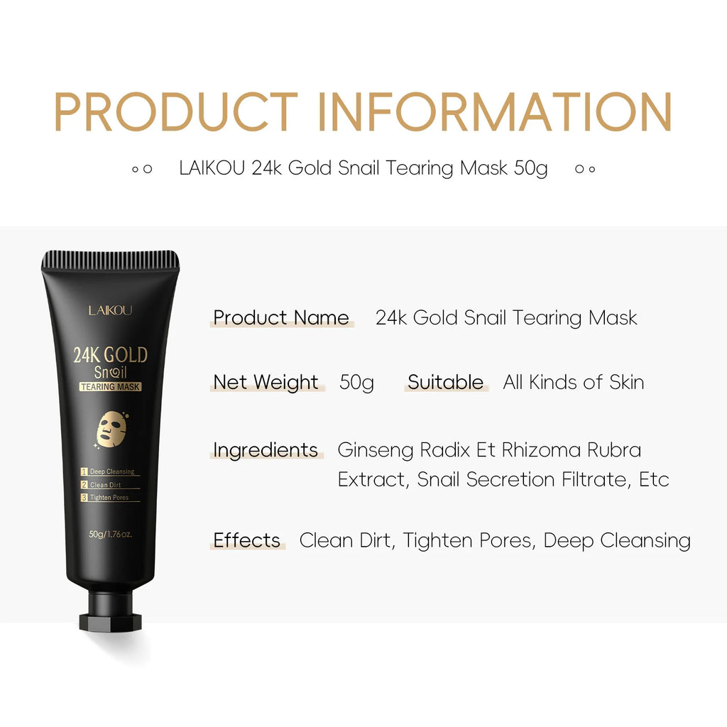 LAIKOU 24K Gold Snail Collagen Peel Off  Tearing Face Mask Deep Cleansing Remove Blackhead Face Care 50g