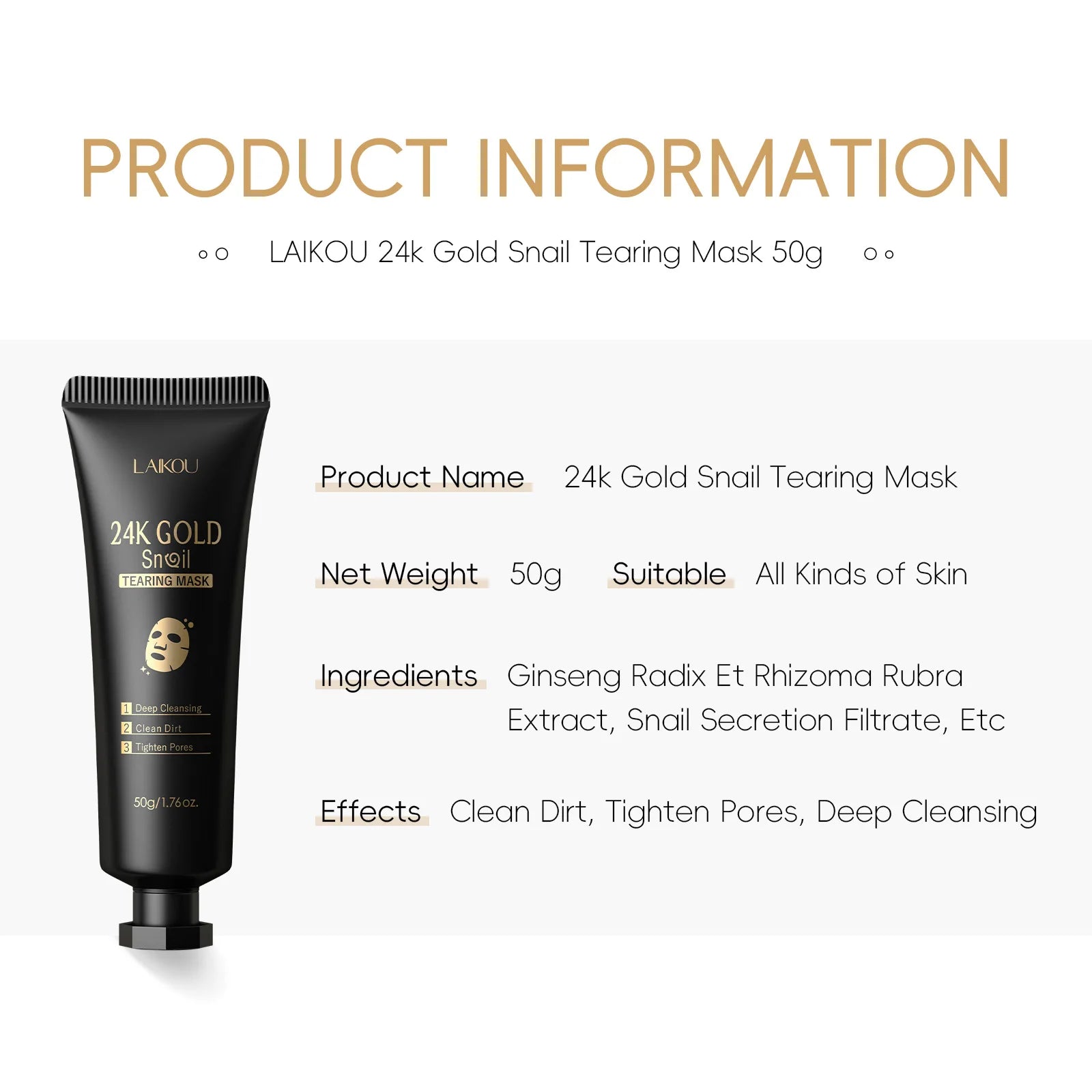 LAIKOU 24K Gold Snail Collagen Peel Off  Tearing Face Mask Deep Cleansing Remove Blackhead Face Care 50g