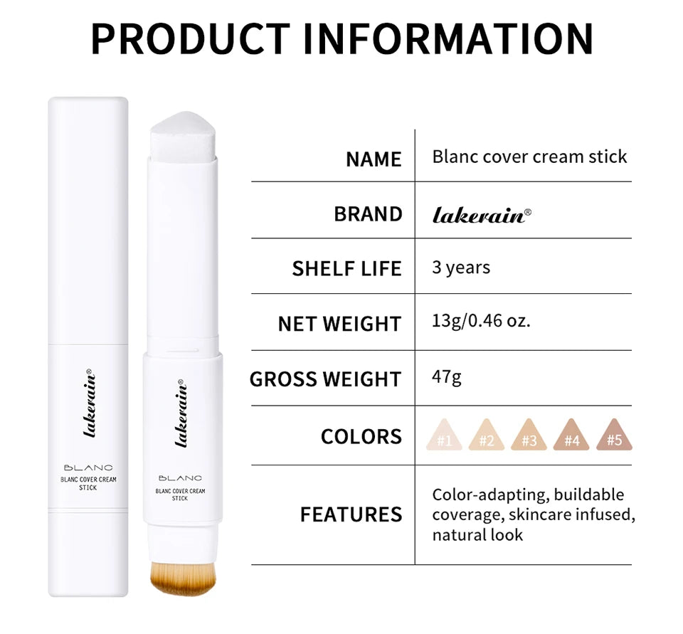 Lakerain Color Changing Foundation Stick Full Coverage Matte Finish Dual-Ended Brush & Stick Waterproof Smooth Foundation Makeup