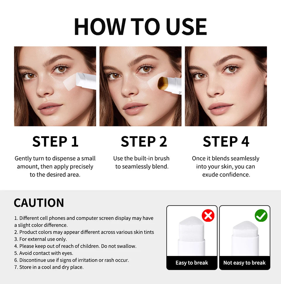 Lakerain Color Changing Foundation Stick Full Coverage Matte Finish Dual-Ended Brush & Stick Waterproof Smooth Foundation Makeup